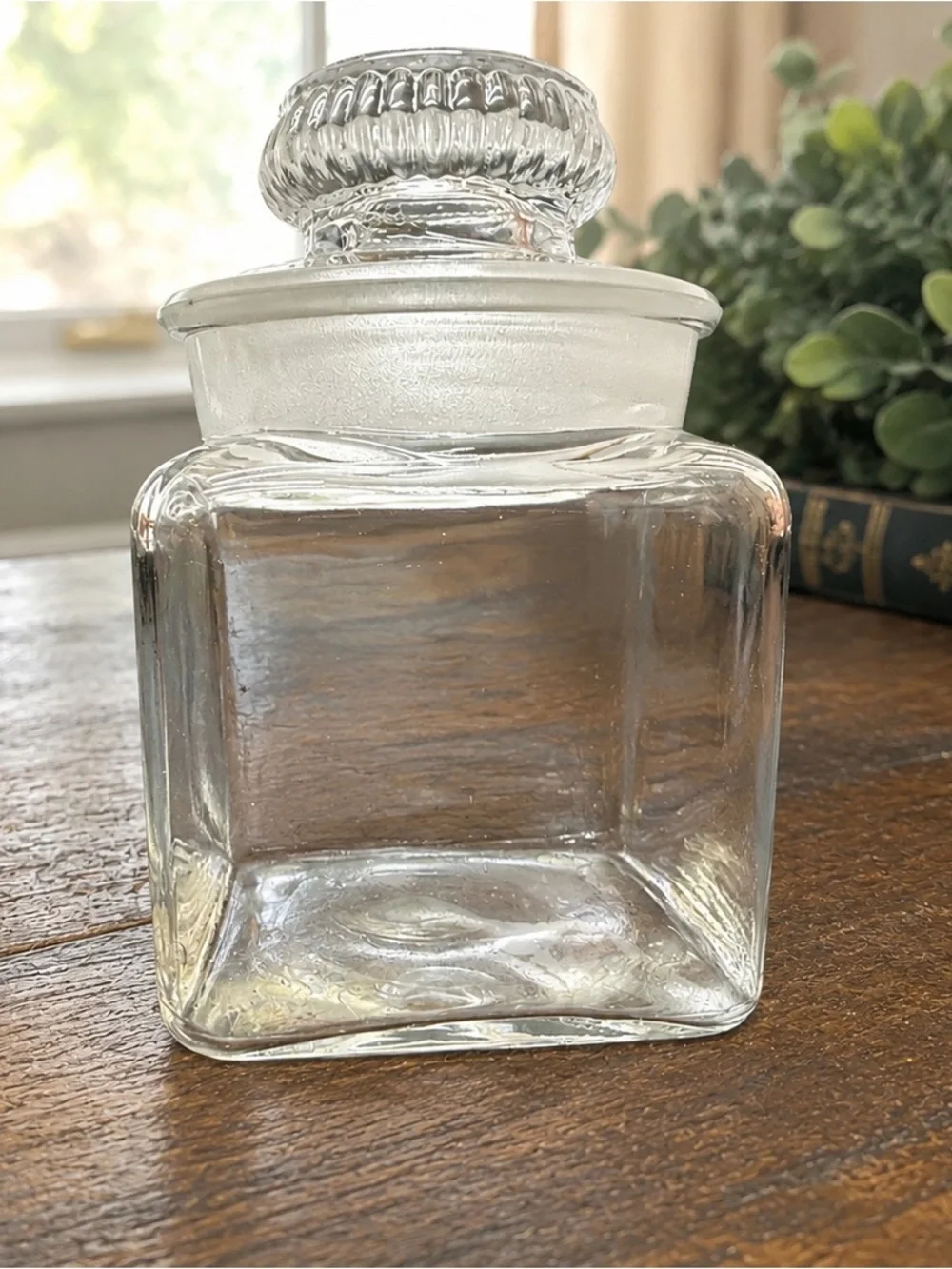 Vintage Clear Glass Canister Jar with Heavy Glass Stopper Lid